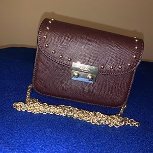 Faux Leather Brown Stud Clutch Purse with Chain